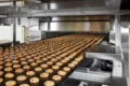 Picture of cookies on a Berndorf Band Group Steel Belt which is coming out of a baking oven.